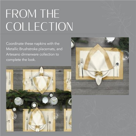 Linen blend cloth napkins set of 4 ivory gold metallic dinner table decor 21 inc - Picture 6 of 8